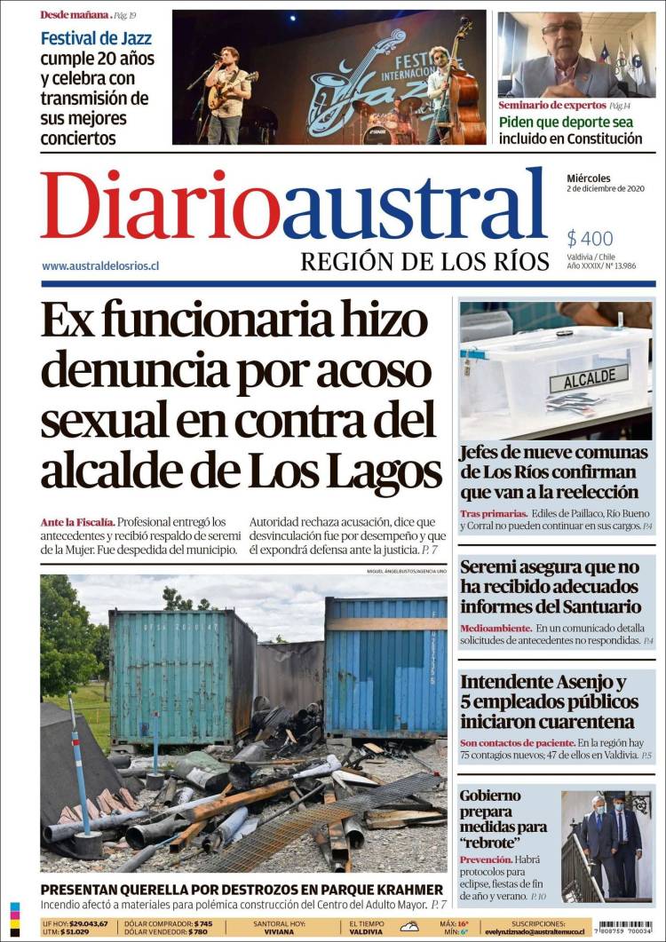 Portada de El Diario Austral de Valdivia (Chile)