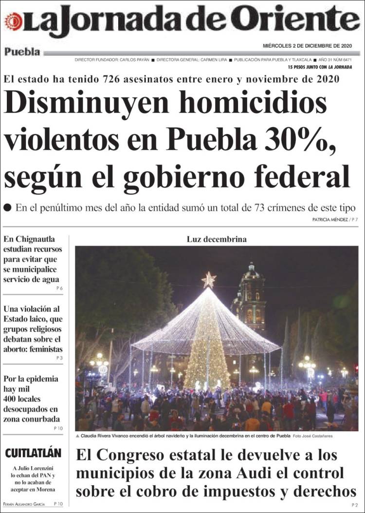 Portada de La Jornada de Oriente - Puebla (México)