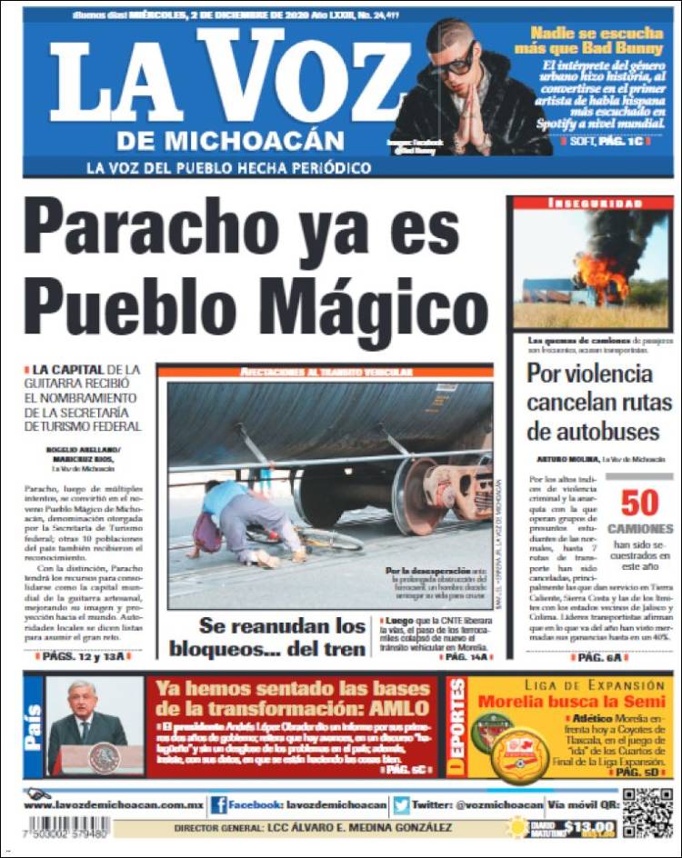 Portada de La Voz de Michoacán (México)