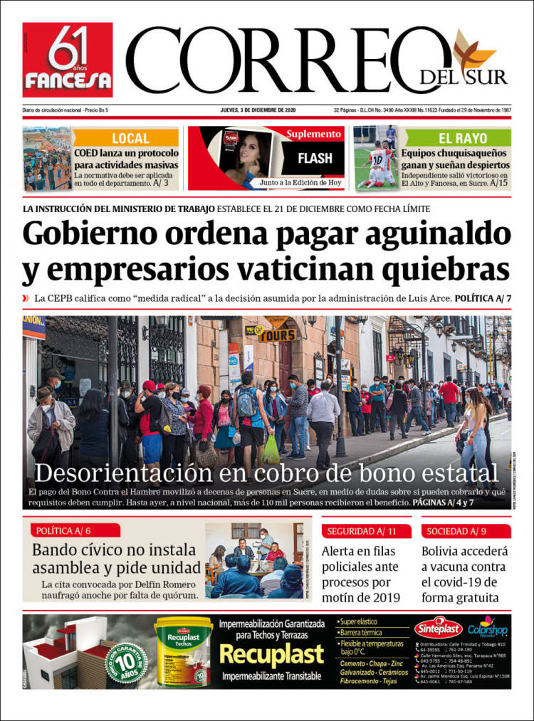 Portada de Correo Sur (Bolivia)