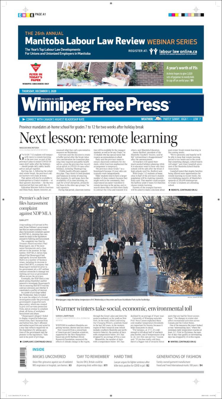 Portada de Winnipeg Free Press (Canadá)