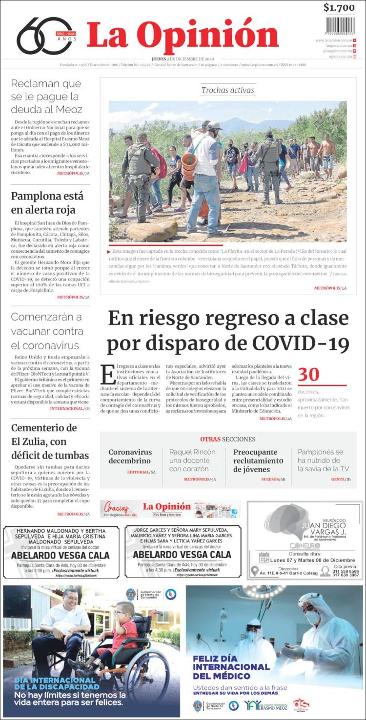 Portada de Diario La Opinion (Colombia)