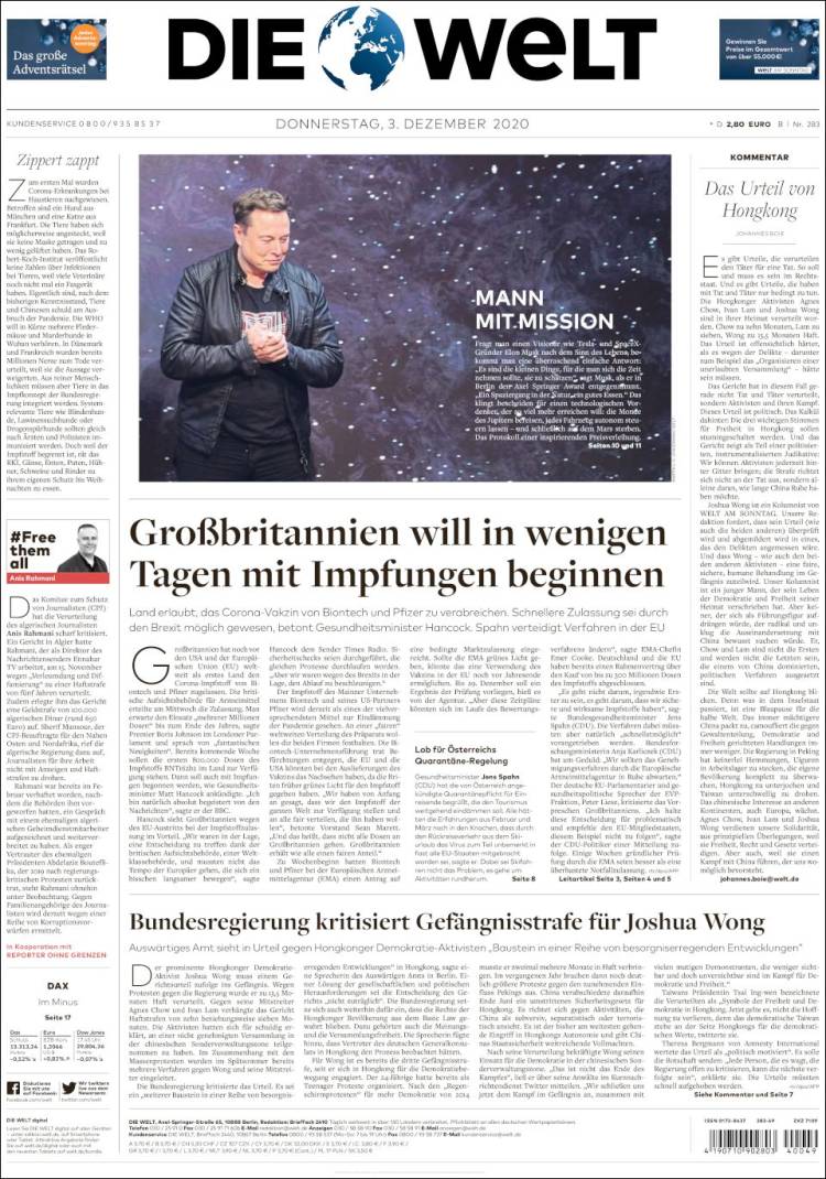 Portada de Die Welt (Alemania)