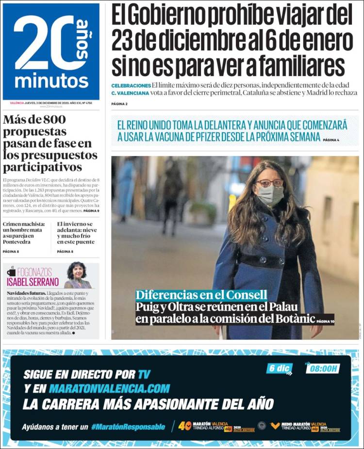 Portada de 20 Minutos - Valencia (Espa&ntilde;a)