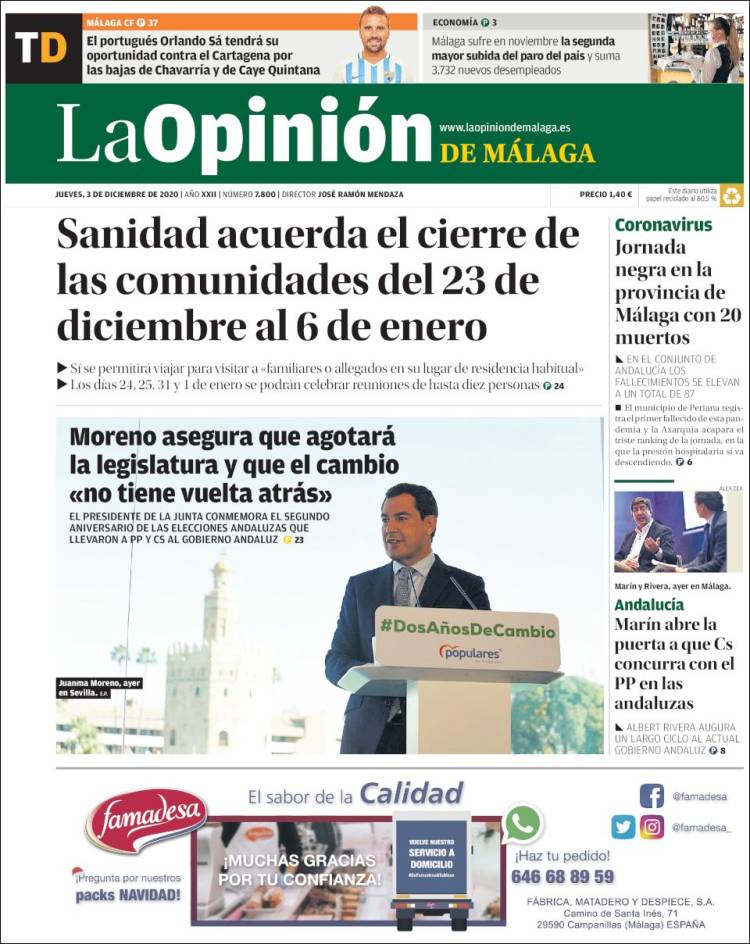 Portada de La Opinión de Málaga (Espa&ntilde;a)