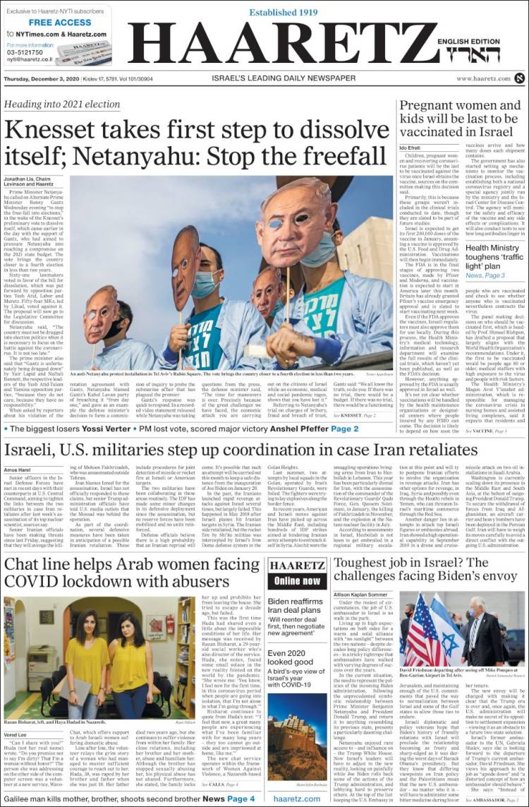 Portada de Haaretz (Israel)