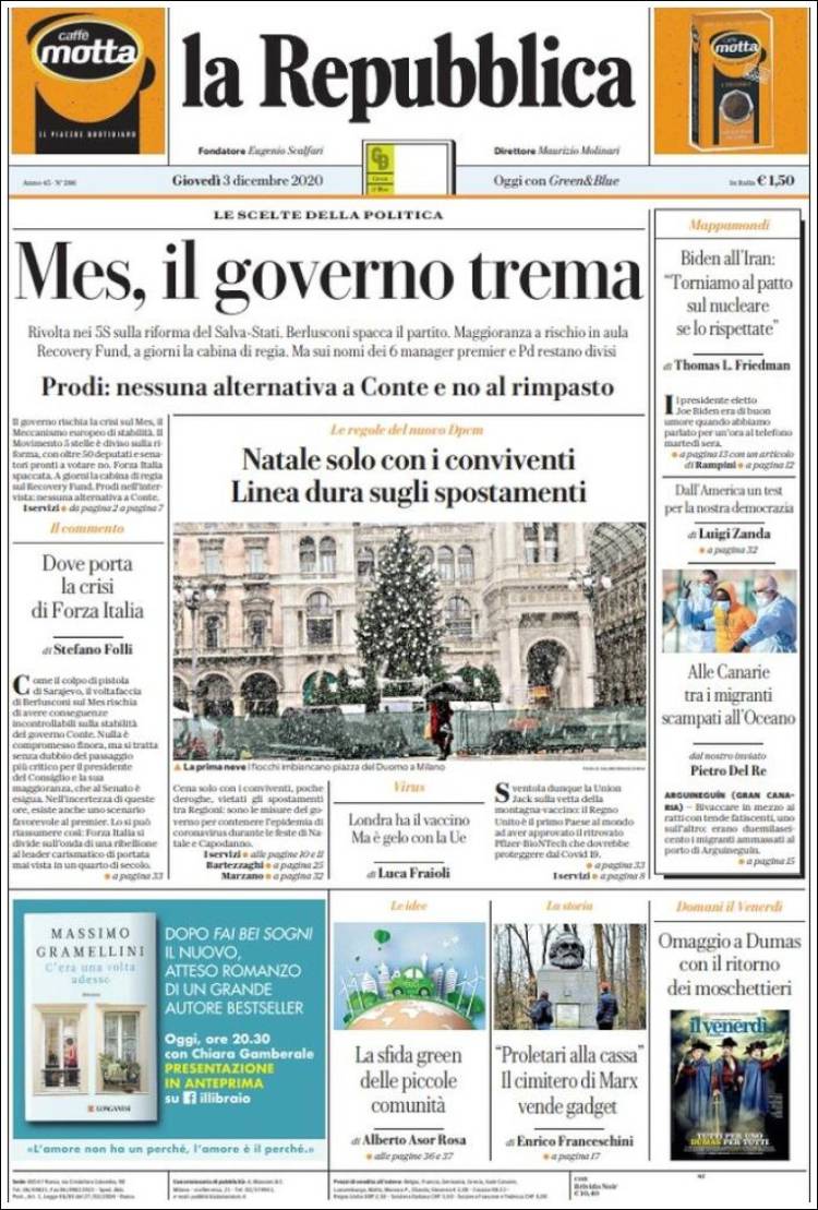 Portada de La Repubblica (Italia)