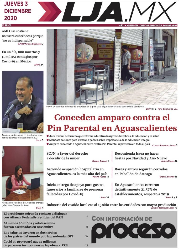 Portada de La Jornada de Aguascalientes (México)