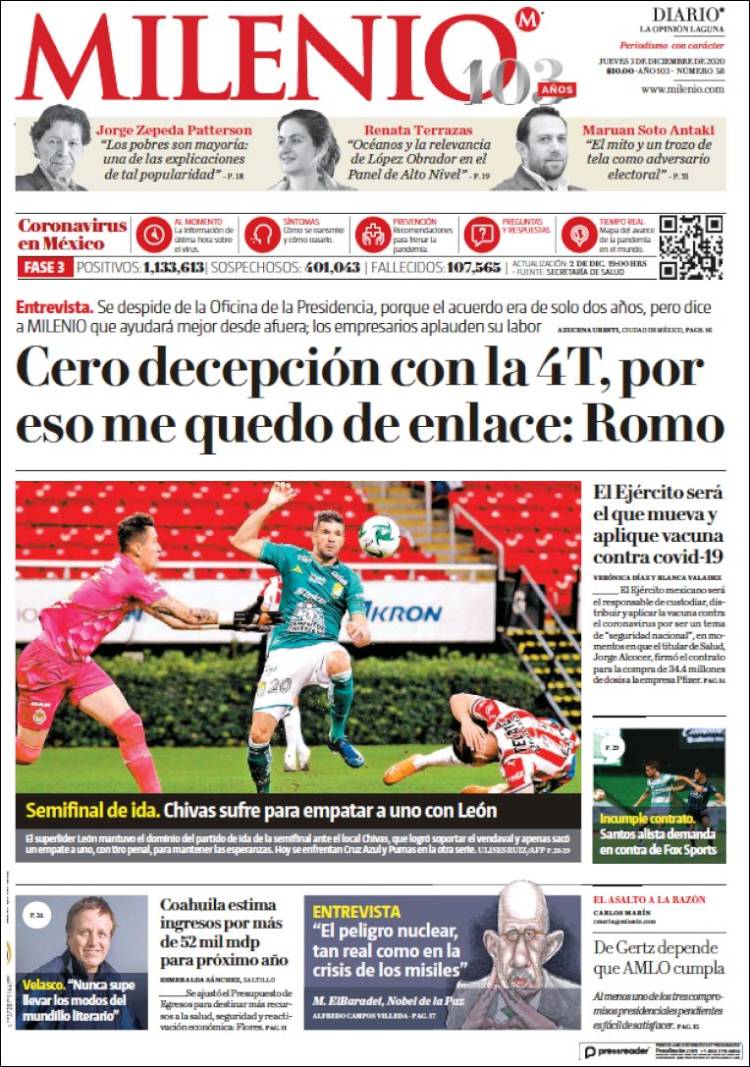 Portada de Milenio - Laguna (México)
