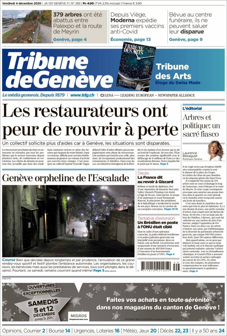 Portada de La Tribune de Genève (Suiza)