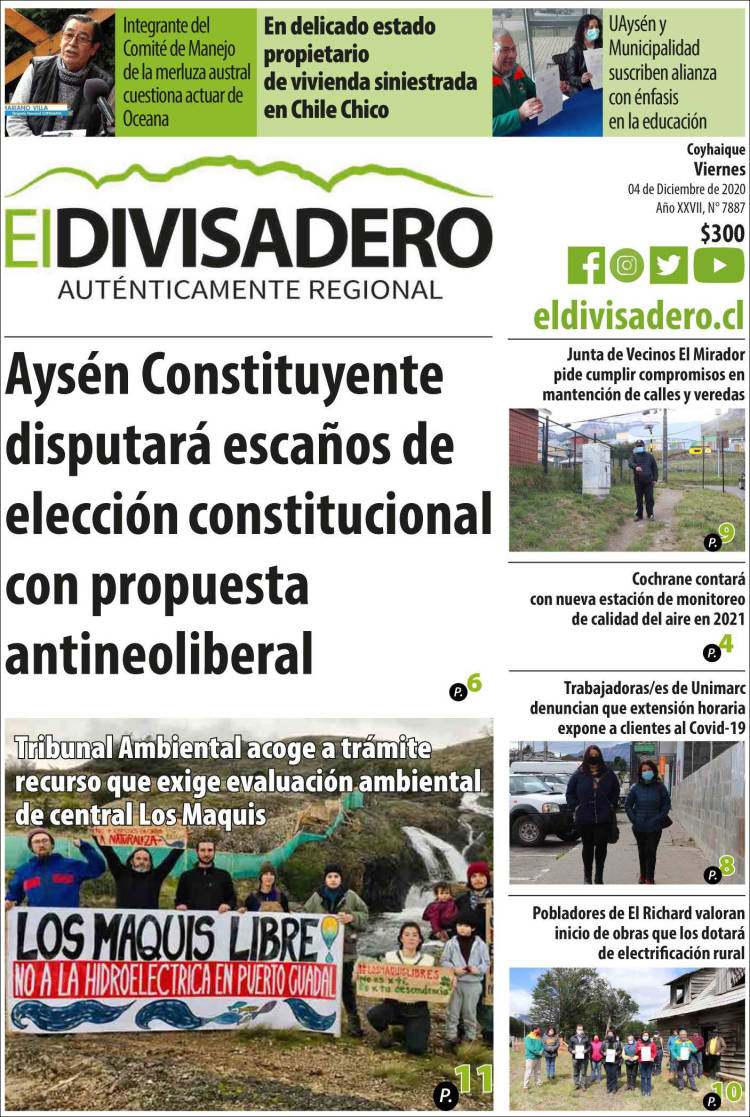 Portada de Diario El Divisadero (Chile)