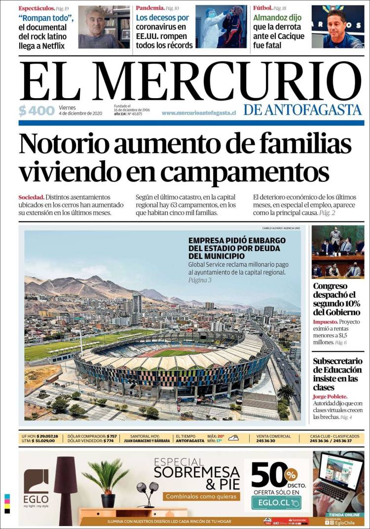 Portada de El Mercurio de Antofagasta (Chile)