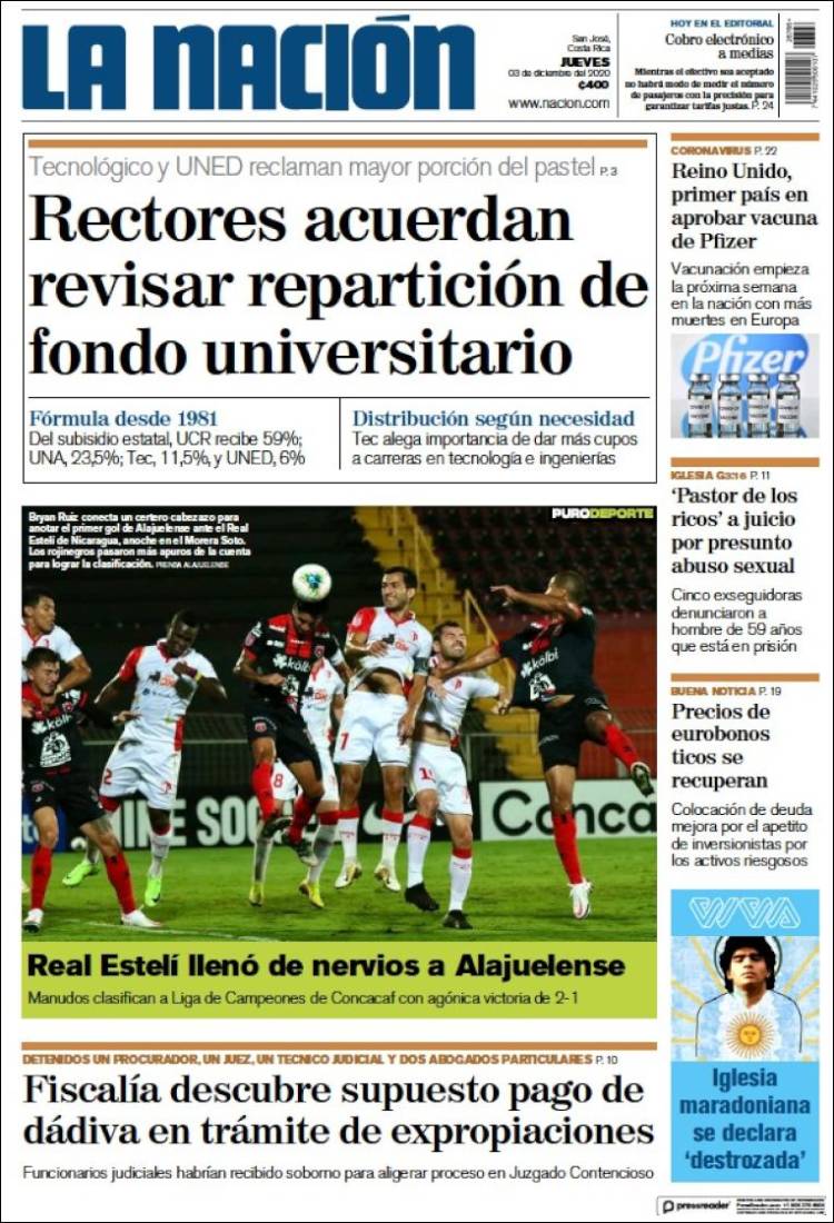 Periódico La Nación - Costa Rica (Costa Rica). Periódicos de Costa Rica.  Edición de viernes, 4 de diciembre de 2020. 