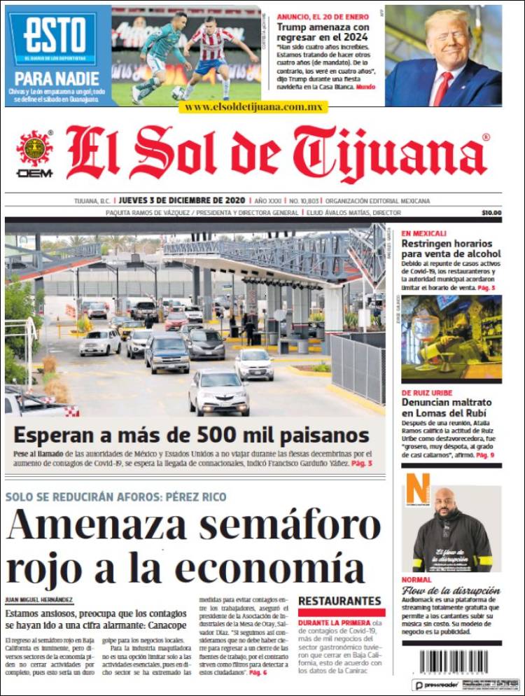 Portada de El Sol de Tijuana (México)