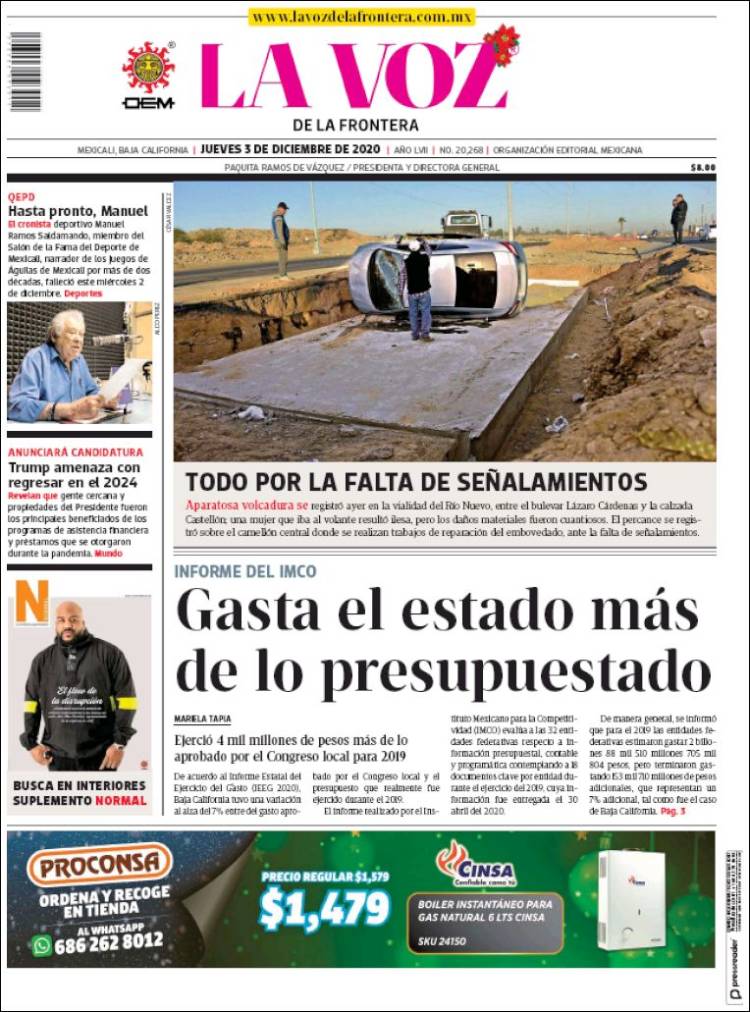 Portada de La Voz de la Frontera (México)
