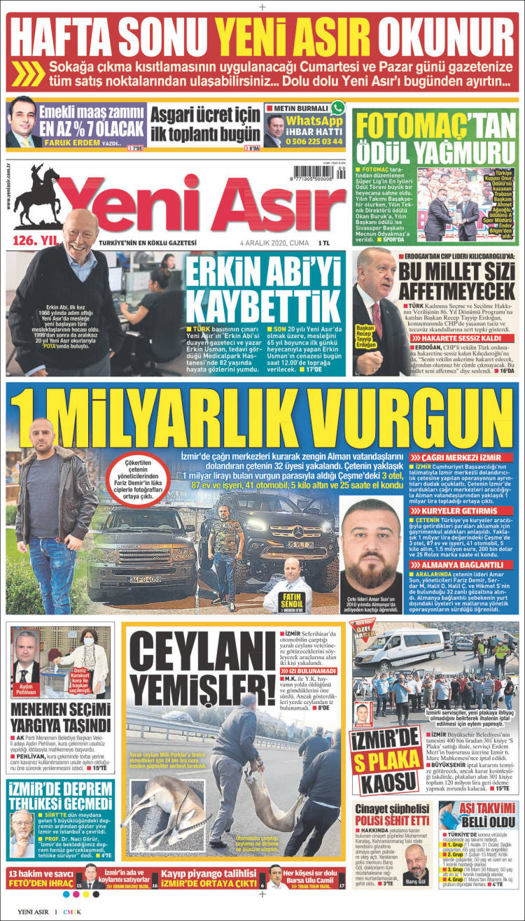 Newspaper Yeni Asir Turkey Newspapers In Turkey Friday S Edition December 4 Of 2020 Kiosko Net