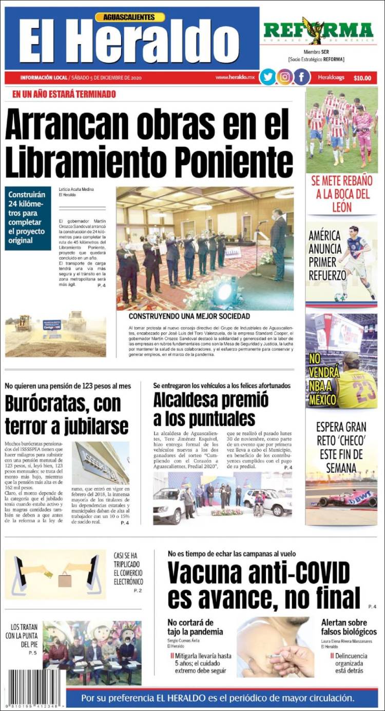 Portada de El Heraldo de Aguascalientes (México)