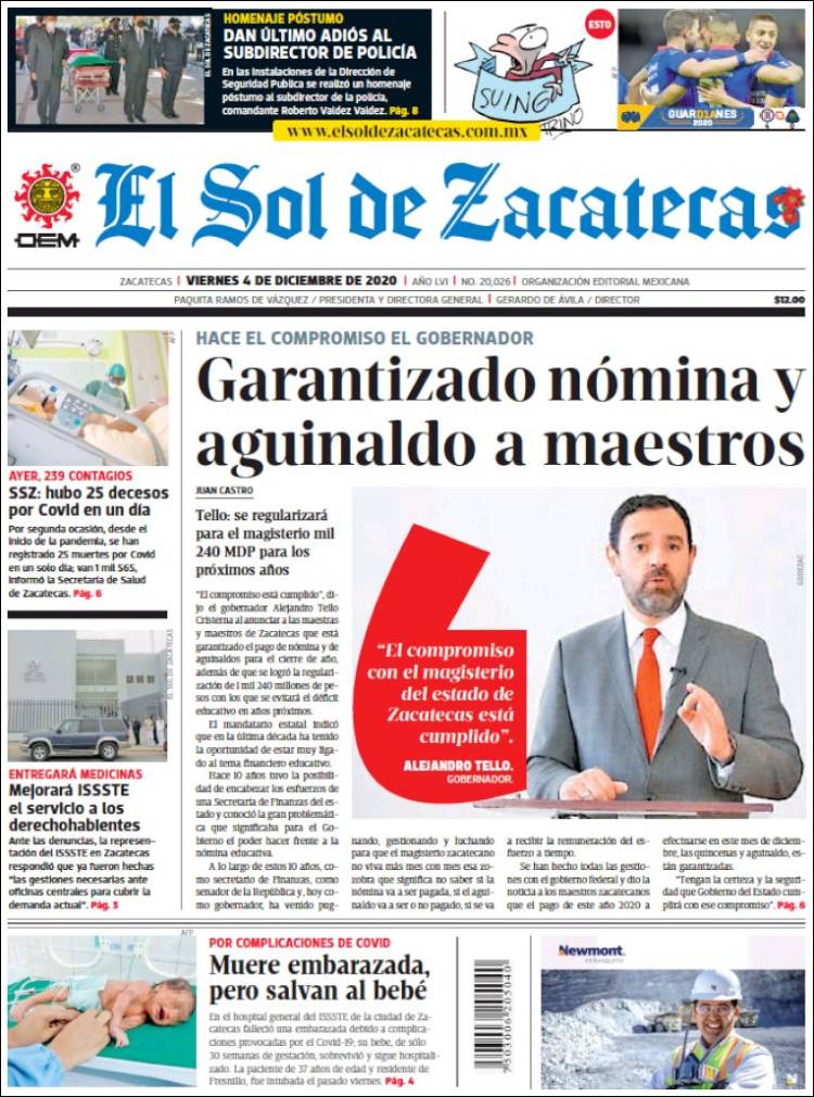 Portada de El Sol de Zacatecas (México)