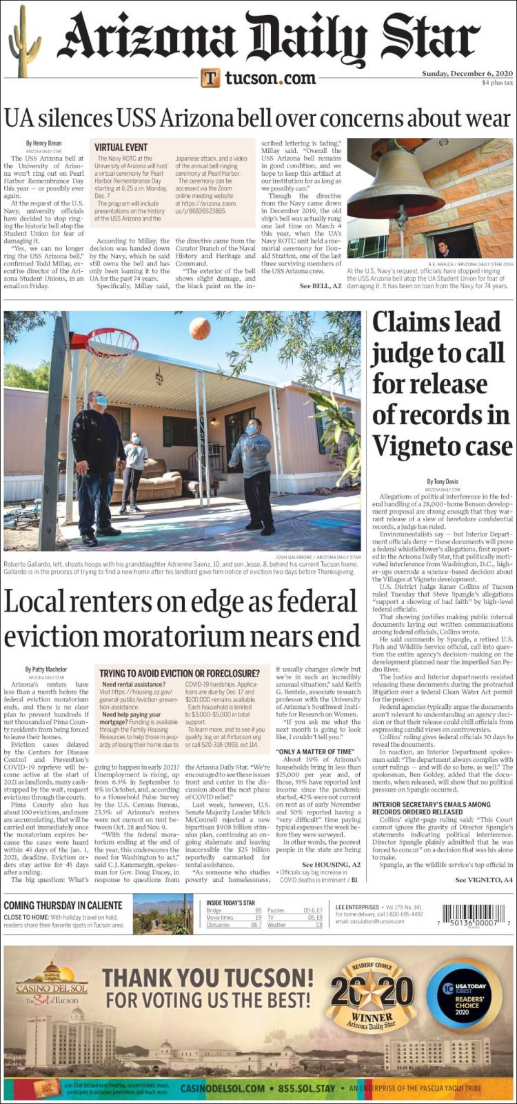 Portada de Arizona Daily Star (USA)