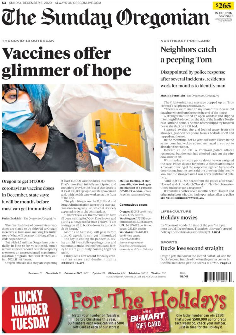 Portada de The Oregonian (USA)