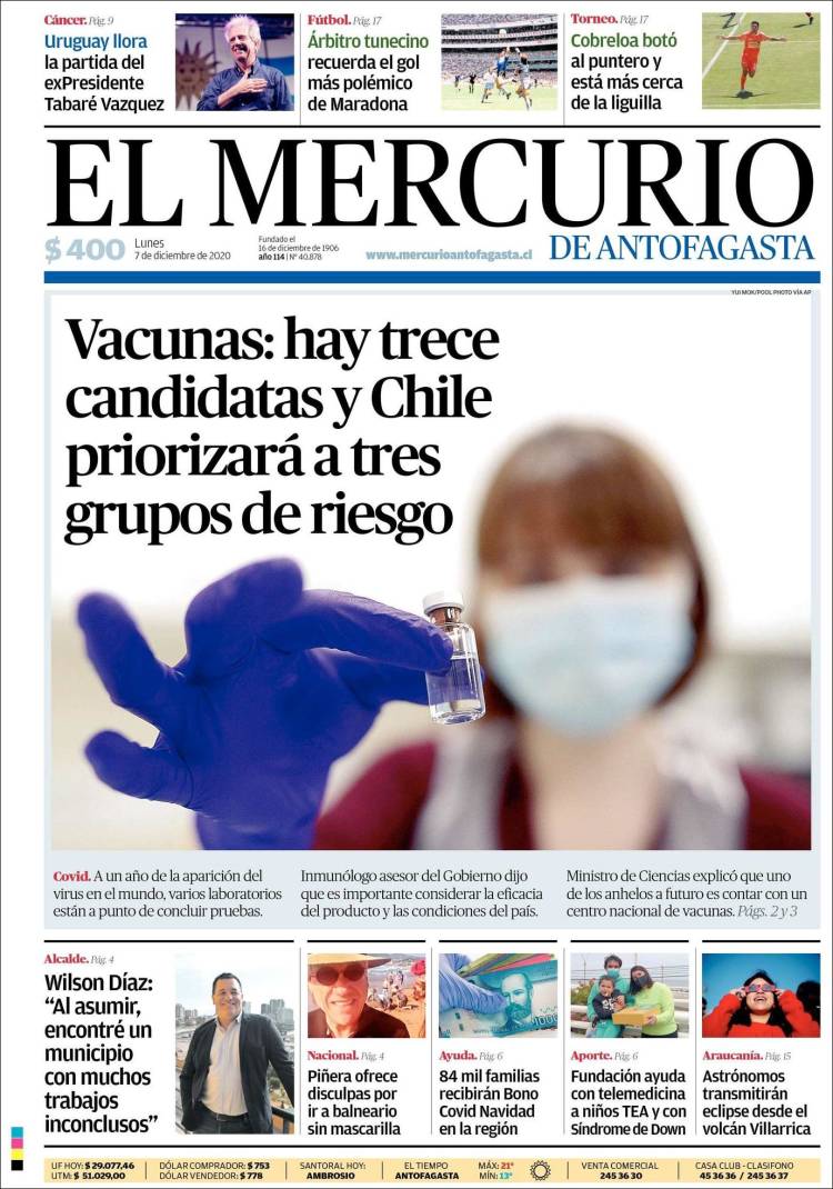 Portada de El Mercurio de Antofagasta (Chile)