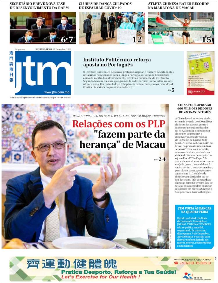 Portada de Jornal Tribuna de Macau (China)
