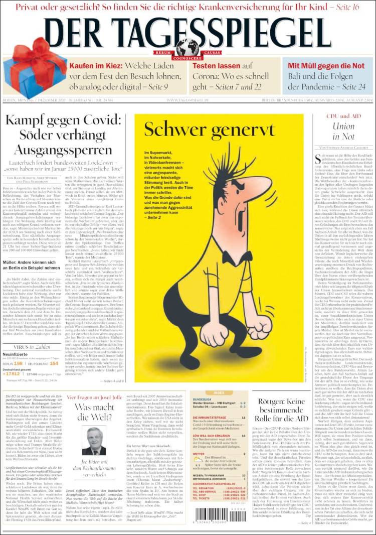 Portada de Der Tagesspiegel (Alemania)