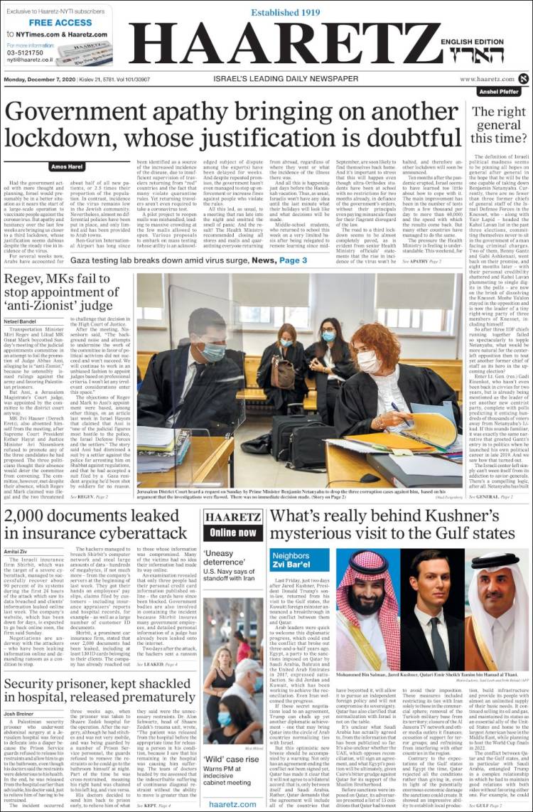 Portada de Haaretz (Israel)