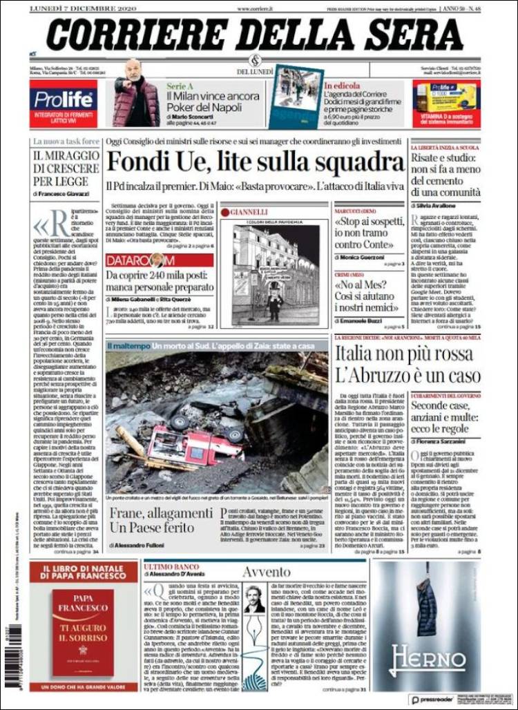 Portada de Corriere della Sera (Italia)