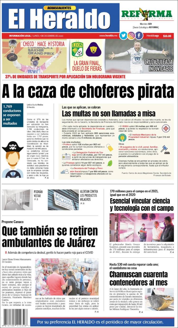 Portada de El Heraldo de Aguascalientes (México)