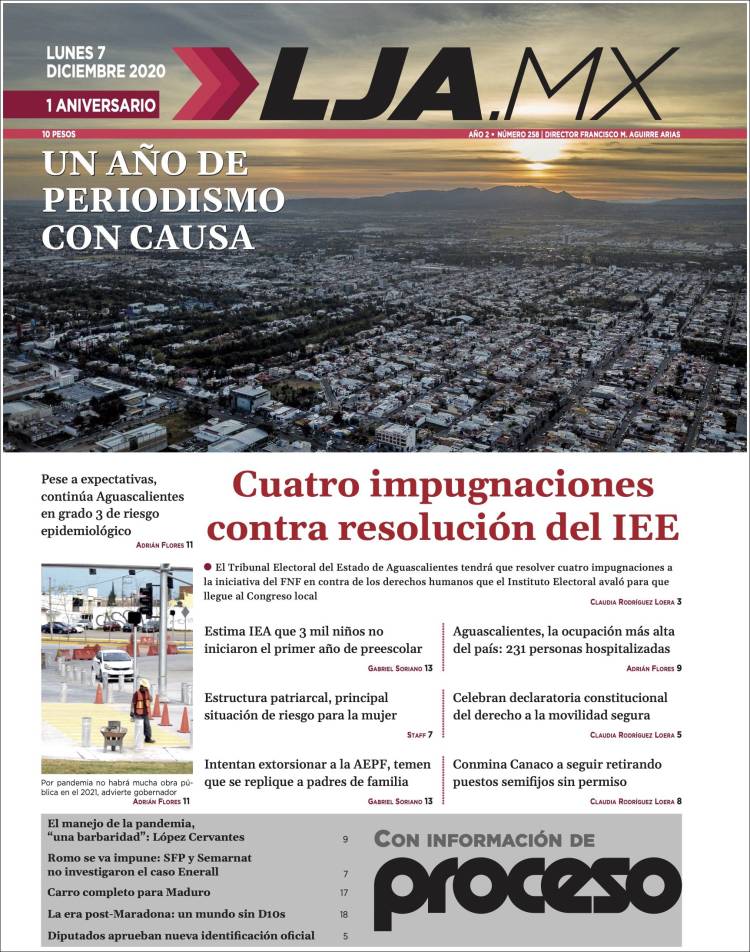 Portada de La Jornada de Aguascalientes (México)