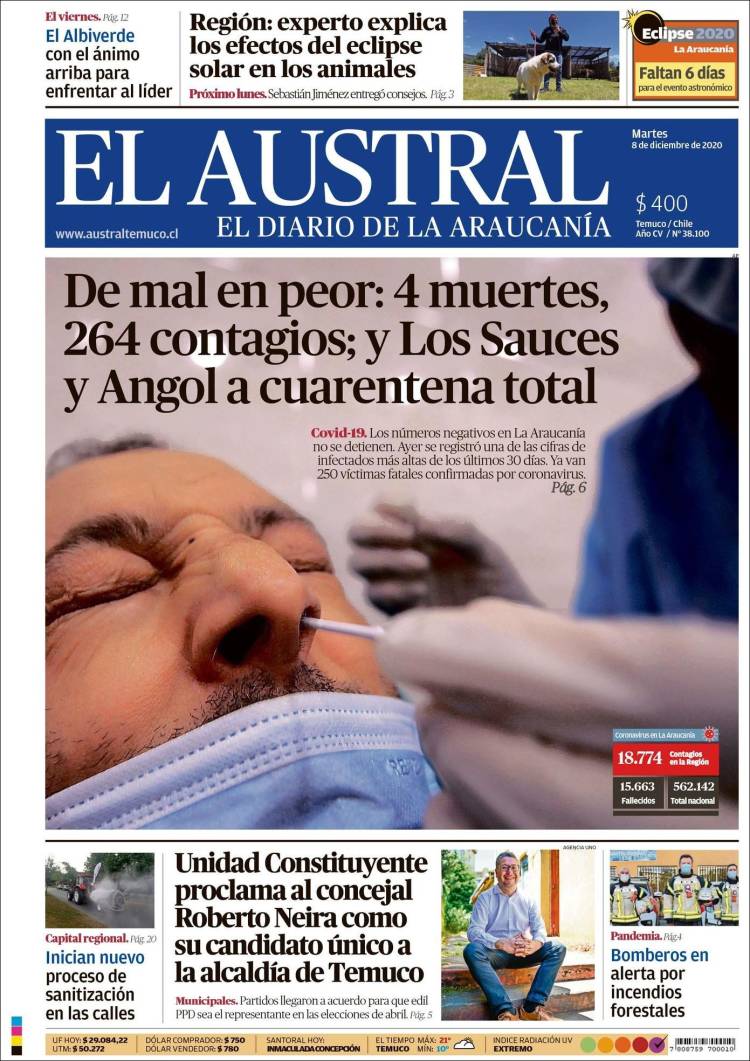 Portada de El Austral de Temuco (Chile)