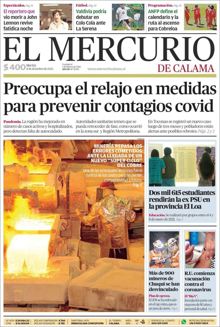 Portada de El Mercurio - Calama (Chile)