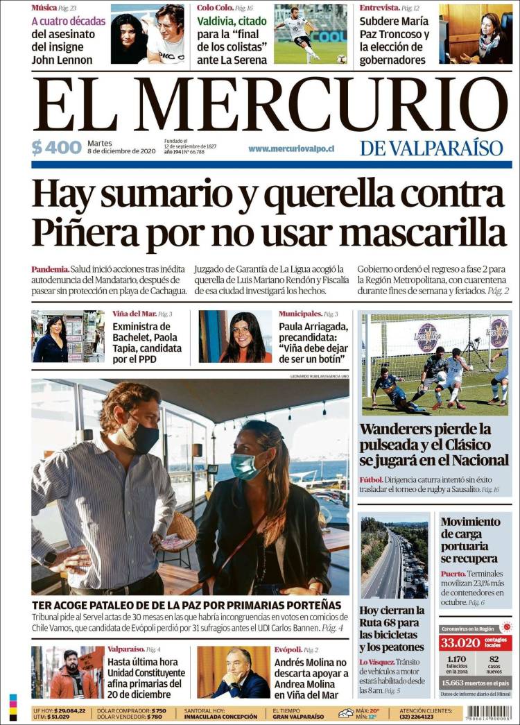 Portada de Mercurio de Valparaiso (Chile)