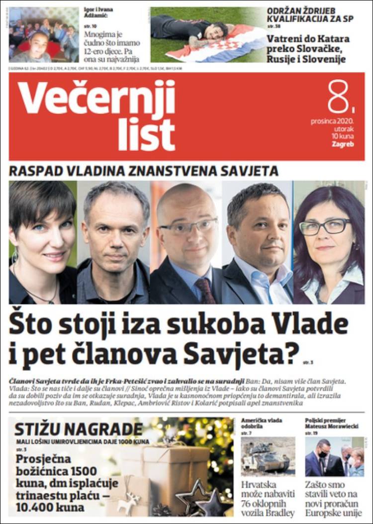 Portada de Večernji (Croacia)