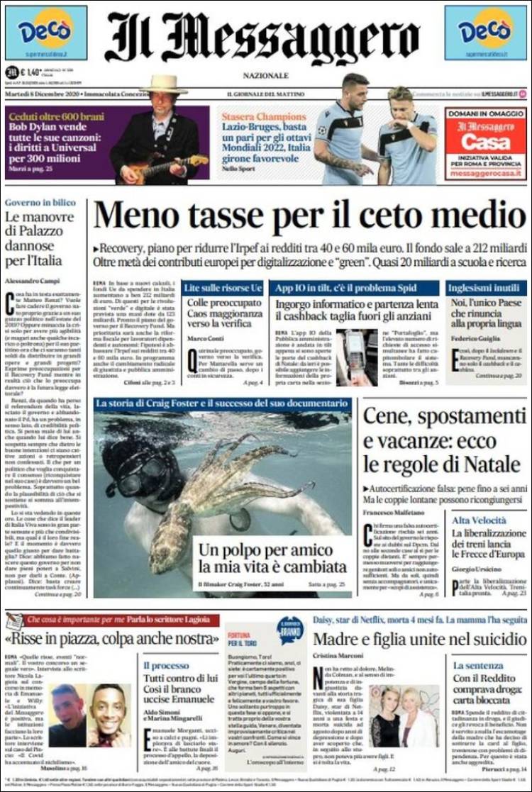 Portada de Il Messaggero (Italia)