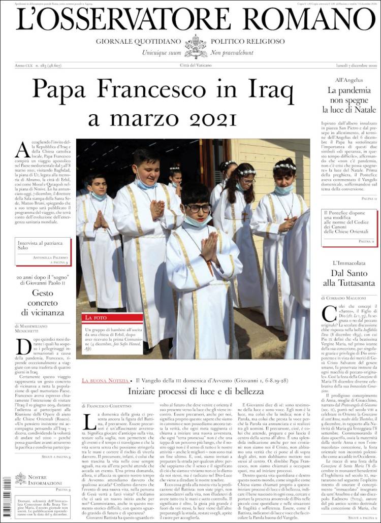 Portada de L'Osservatore Romano (Italia)