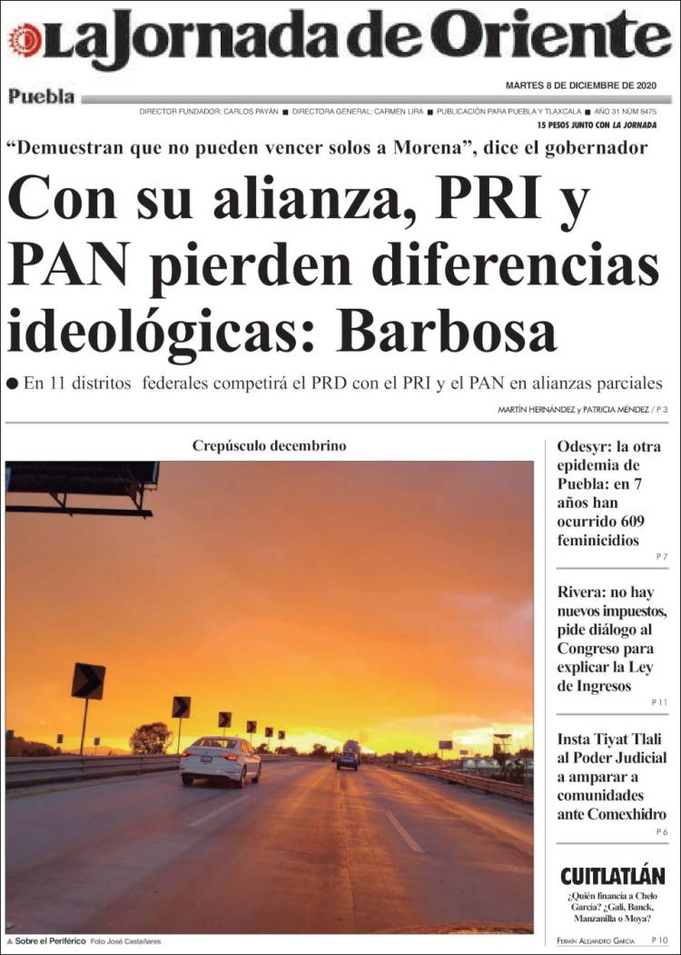 Portada de La Jornada de Oriente - Puebla (México)