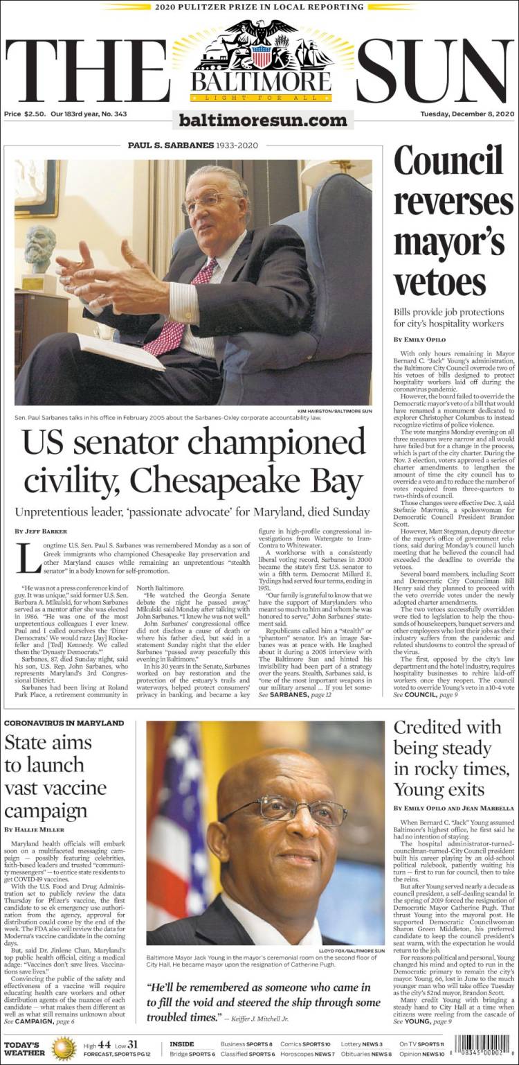 Portada de The Baltimore Sun (USA)