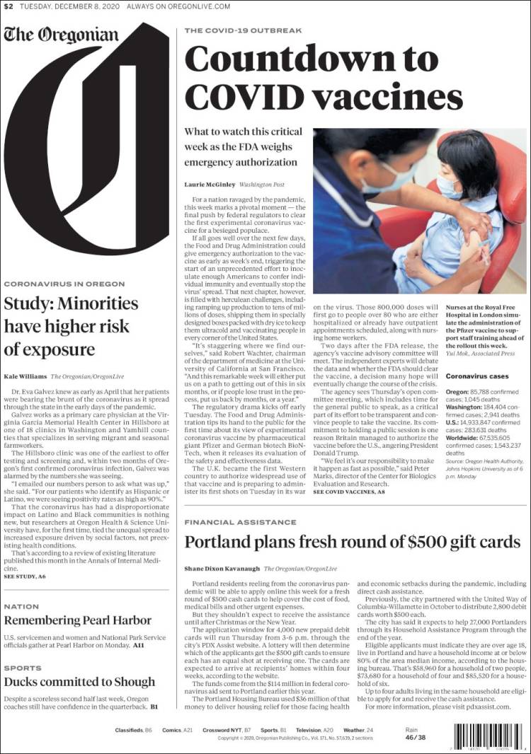 Portada de The Oregonian (USA)