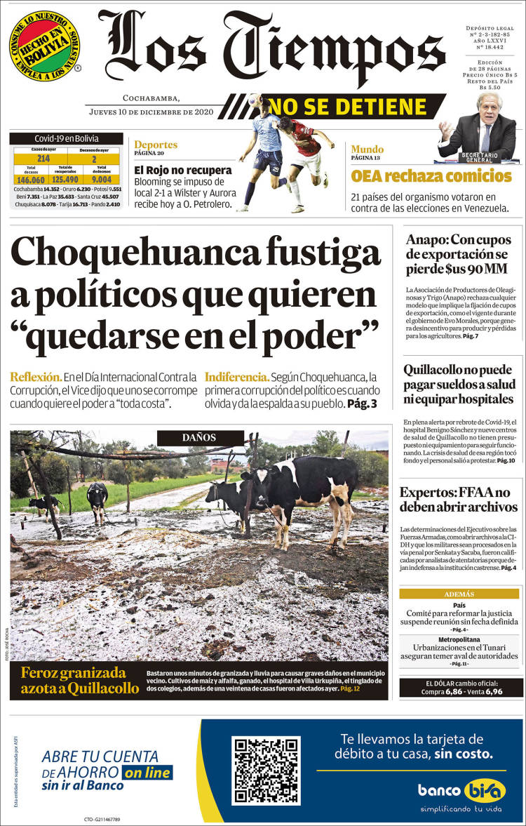 Portada de Los Tiempos (Bolivia)