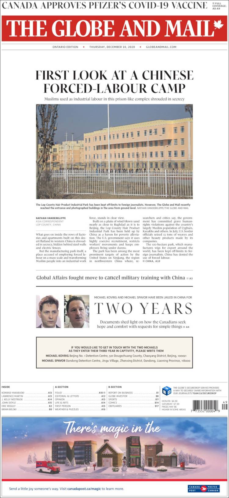 Portada de The Globe and Mail (Canadá)