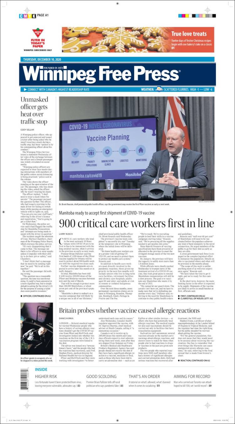 Portada de Winnipeg Free Press (Canadá)