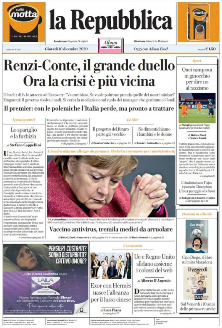 Portada de La Repubblica (Italia)