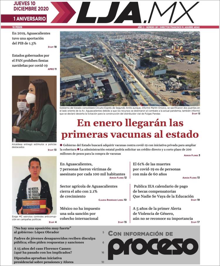 Portada de La Jornada de Aguascalientes (México)