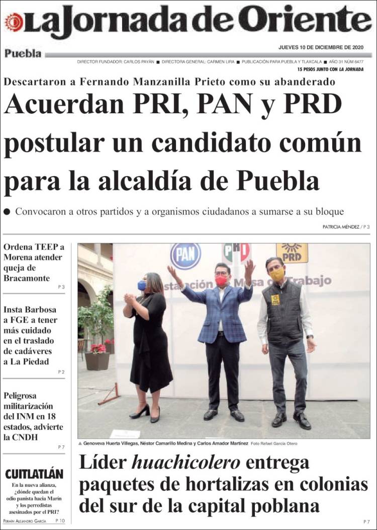 Portada de La Jornada de Oriente - Puebla (México)