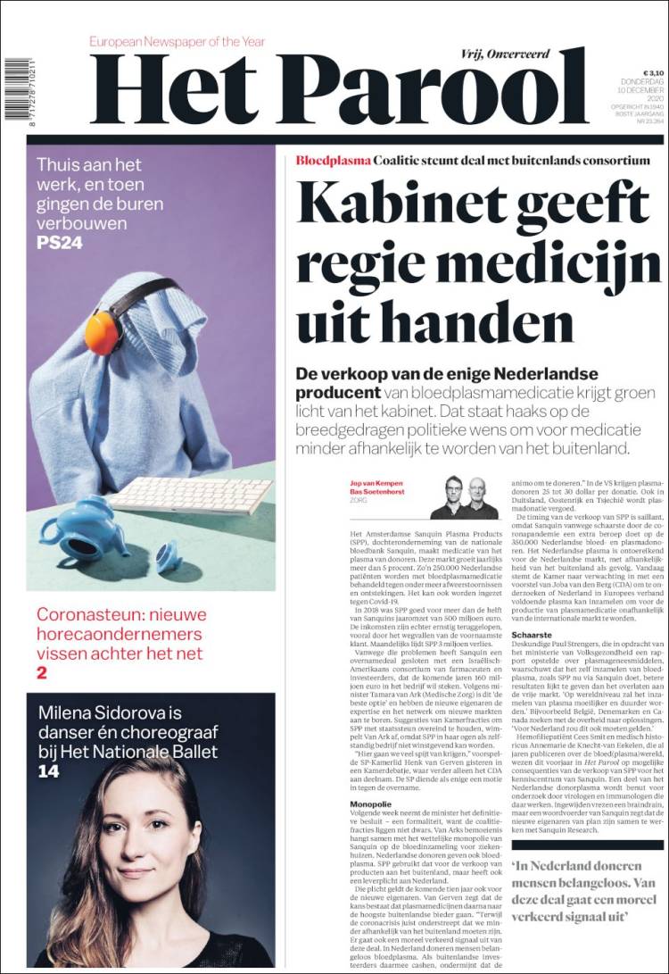 Portada de Het Parool (Pa&iacute;ses Bajos)