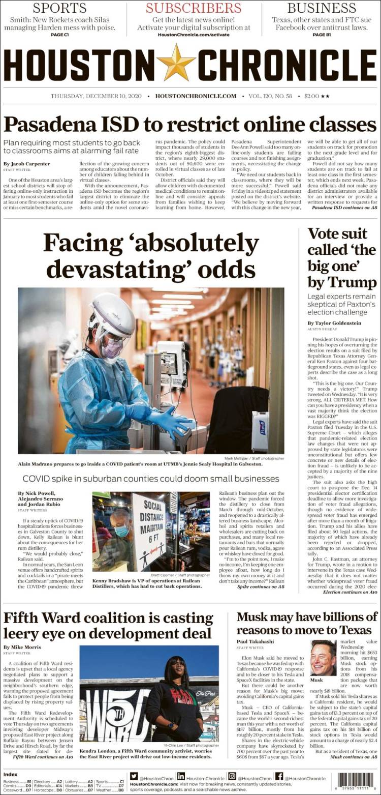 Portada de Houston Chronicle (USA)