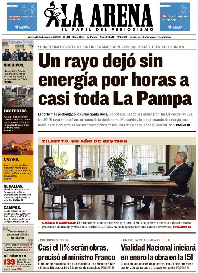 Portada de Diario La Arena (Argentina)