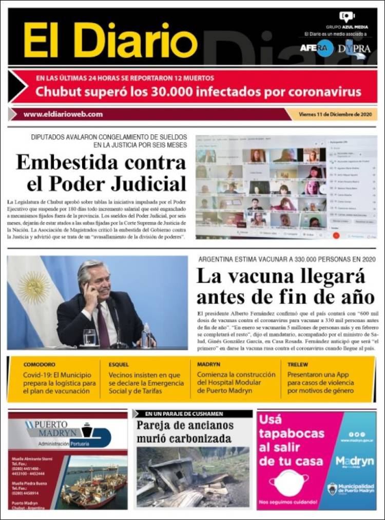 Portada de El Diario de Madryn (Argentina)